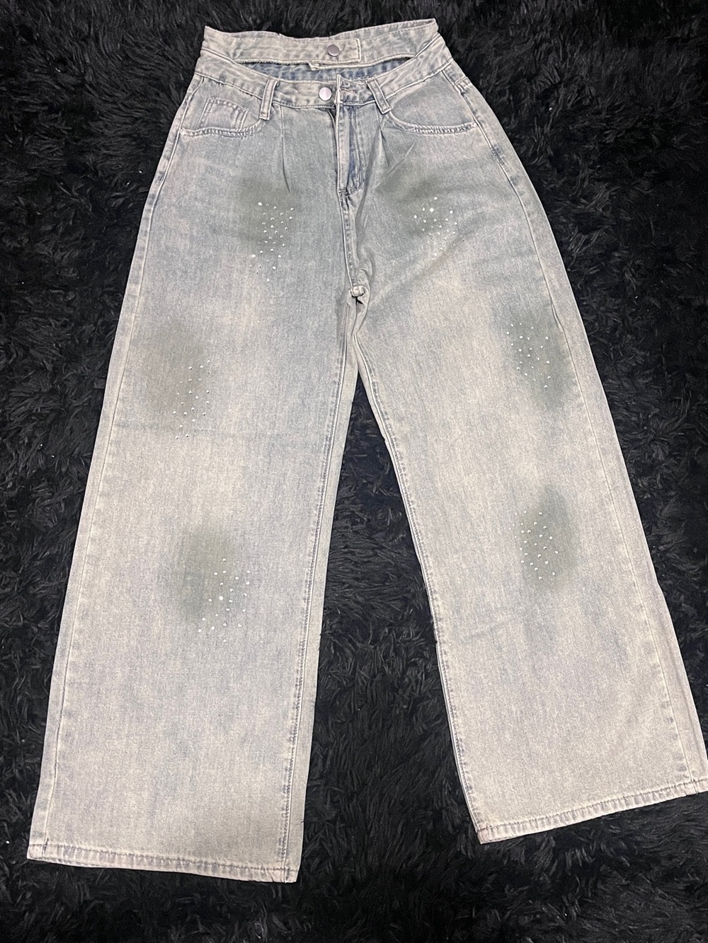 High Rise Light Blue Wide-Leg Jeans with Rhinestone Hem Detailing Size S